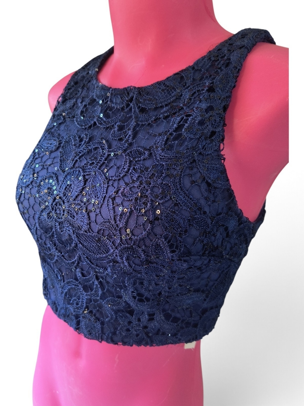 My Michelle Navy Blue Floral Lace Sequin Crop Top - Size 3